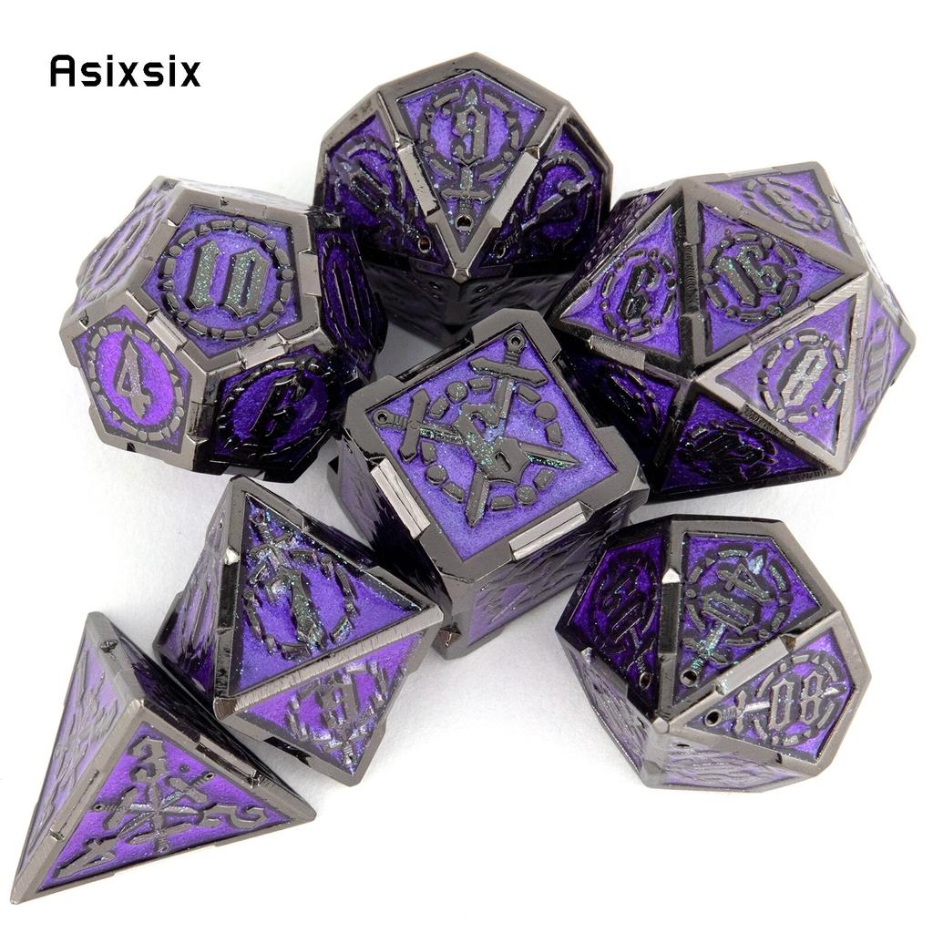 7 Pcs Purple Silver Double Swords Metal Dice Solid Polyhedral Dice Set Suitable for Role-Playing RPG Board Game