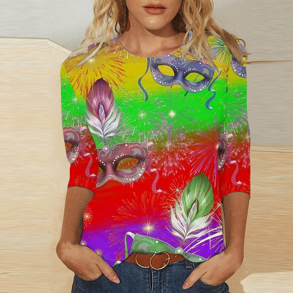 Круглый вырез 3D Карнавальная маска Печатный топ Модные повседневные длинные рукава женские футболки