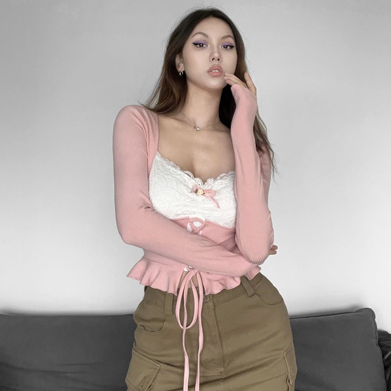 Розовый топ с длинными рукавами Y2k, женский сексуальный кружевной лоскутный бандаж с квадратным воротником, тонкая футболка, эстетический укороченный топ для кокетк...