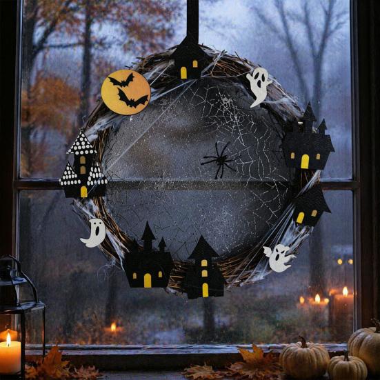 Holiday Festival Pendant Halloween Spider Web Wreath, Spooky Vine Branch Wreath with Ghost Castle Fall Harvest Hanging Ornament Bat for Front