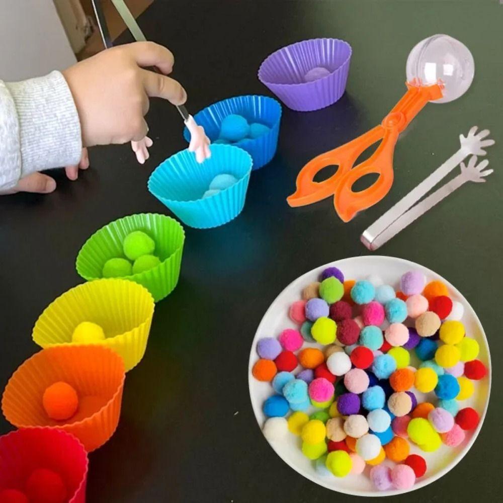Colorful Early Education Toy Rainbow Counting Pompoms Pompoms Tweezers Toy Kids Early Education