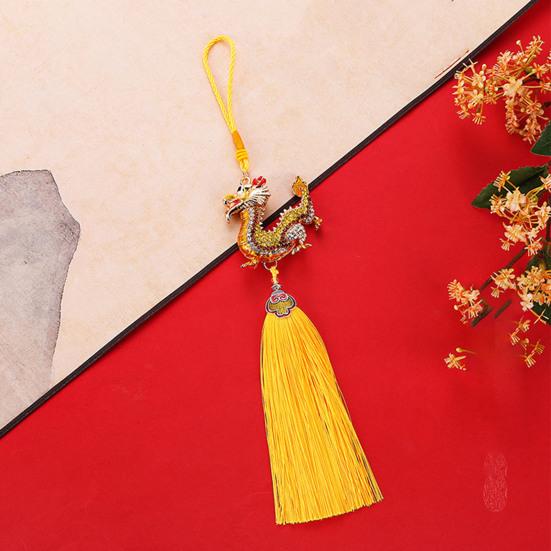 Фигурка китайского дракона, орнамент с красной кисточкой, стразы, инкрустация, цинковый сплав, модель зодиакального дракона, ремесленный орнамент, новогодняя модель животного, подвесная