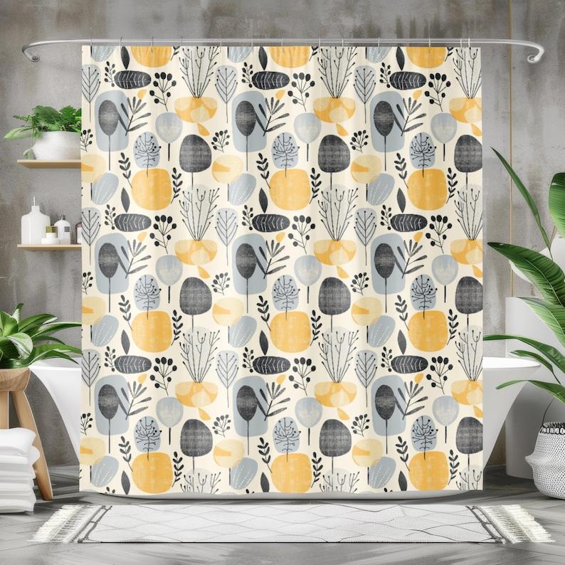 Scandinavian Abstract Botanical Shower Curtain – Mustard Yellow & Gray Modern Bathroom Decor, Designer Home Aesthetic