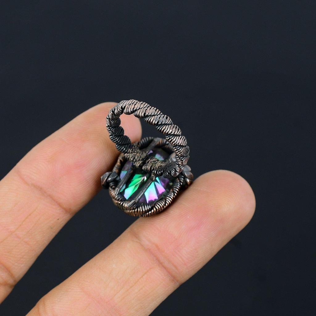 Mystic Topaz Gemstone Copper Wire Wrapped Handmade Jewelry Ring For Gift