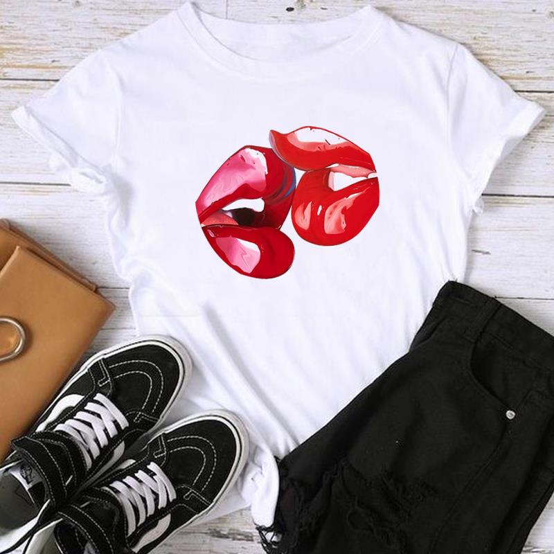 (Азиатский размер) Модная модная футболка в стиле губ 90-х с милым принтом и графическим принтом, женская повседневная футболка, повседневная женская футболка с коротким рукавом