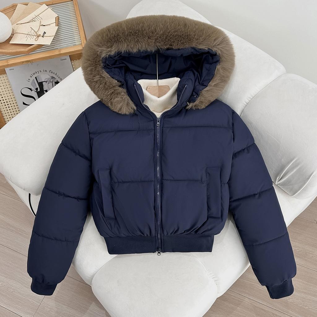 Hooded fur collar waist to keep warm, new winter short style feels big, thickened cotton-padded jacket, women's European cotton-padded jacket
