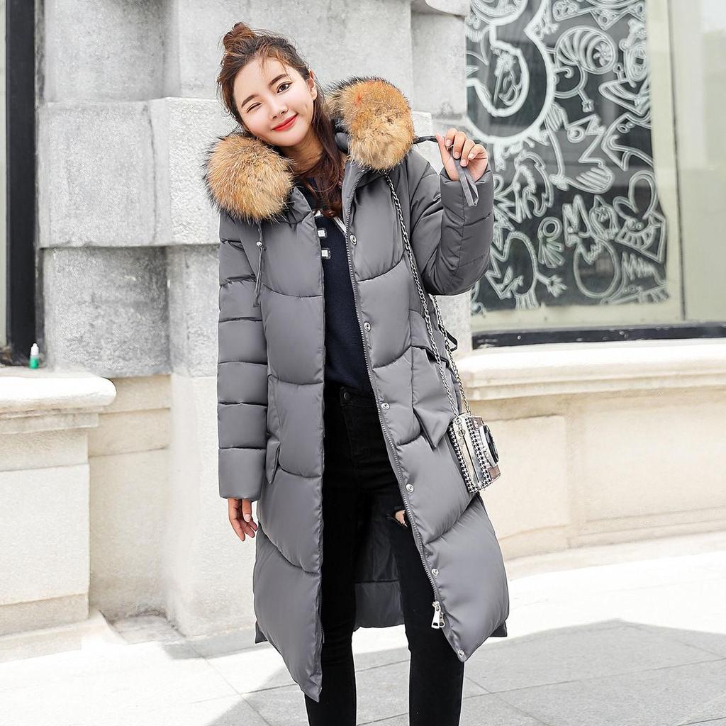 Женская зимняя пуховая куртка с хлопковой подкладкой, пальто, парка с длинным меховым воротником и капюшоном, большой карман на молнии, теплая свободная однотонная...
