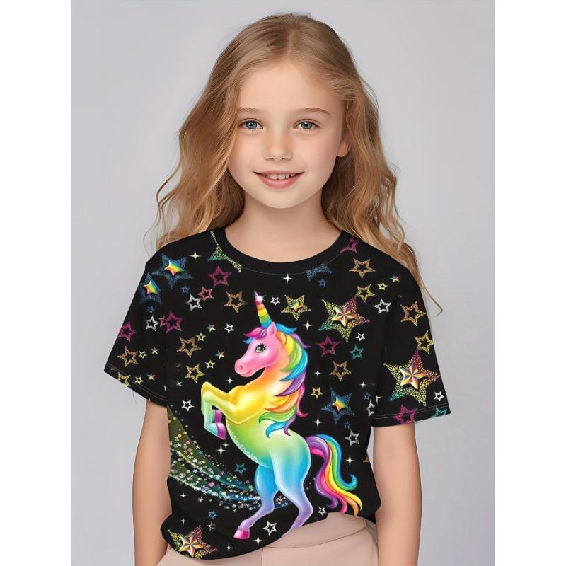 Детская одежда для девочек с очаровательным 3D-принтом «Сказка», футболки с короткими рукавами, удобные повседневные футболки с круглым вырезом, детская одежда для девочек