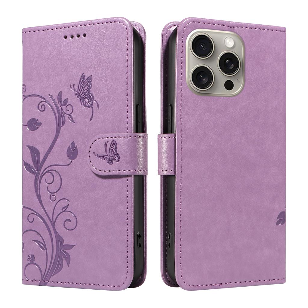 For iPhone 15 Pro Max PU Leather Cases Flower Pattern Wallet Stand Phone Cover with Strap