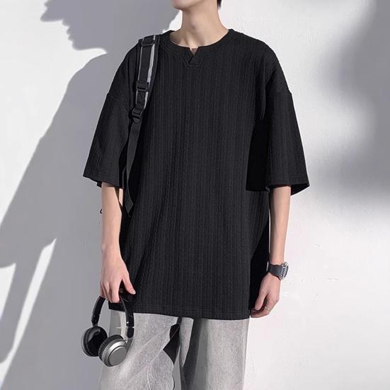 Мужская футболка с V-образным вырезом, коротким рукавом, текстурой с переплетением, однотонная свободная посадка, повседневные топы из ледяного шелка, повседневная одежда