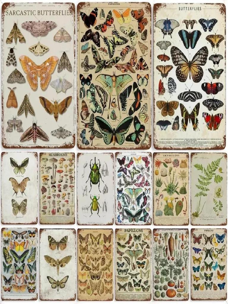 Vintage Butterfly Insect Plant Collection Chart Metal Tin Sign Retro Aesthetic Art Decor for Living Room Wall Home Decor Poster