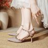 Rivet One-word with High Heels Stiletto 2025 New Summer French Bag Head Sandals Large Size Pointed Rear Empty Shoes