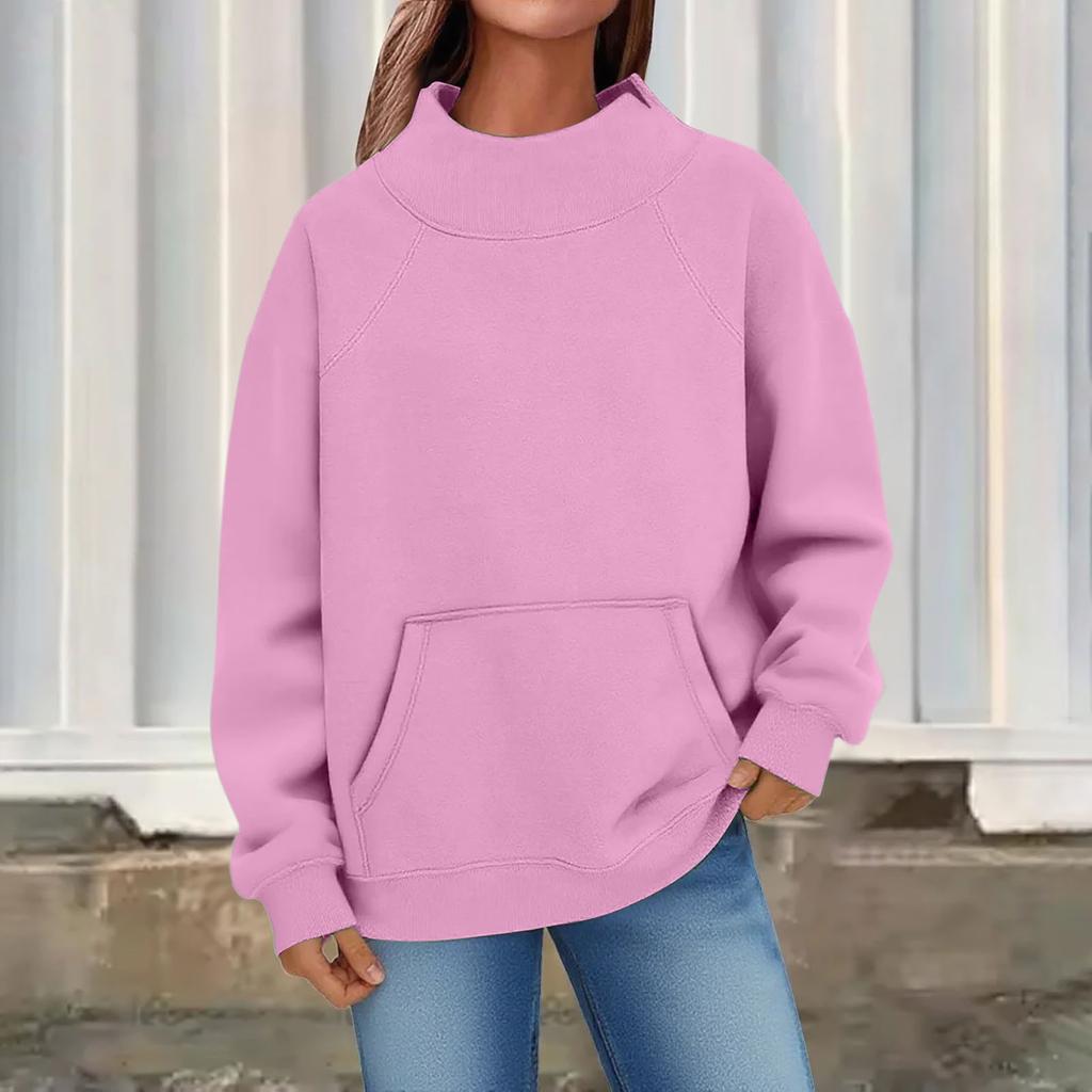 Women's Fashion Oversized Fleece-Lined Long-Sleeve High-Neck Pullover Solid Color Sweatshirt