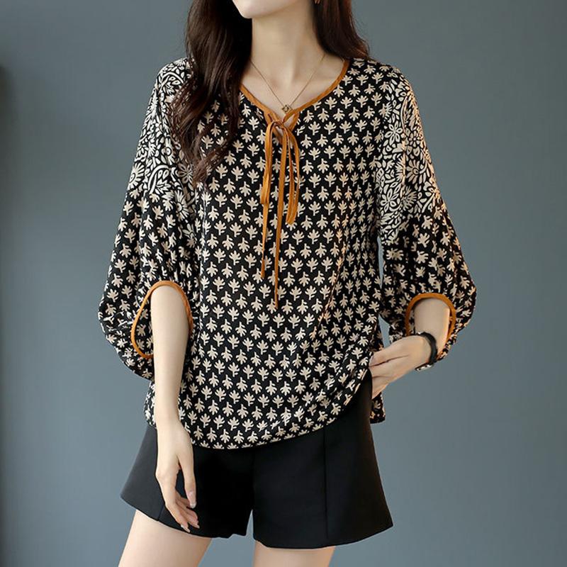 Elegant Fashion Bow Drawstring Printing Patchwork Chiffon Shirt Summer  O-Neck Half Sleeve Pullovers Blouse Women's Clothing