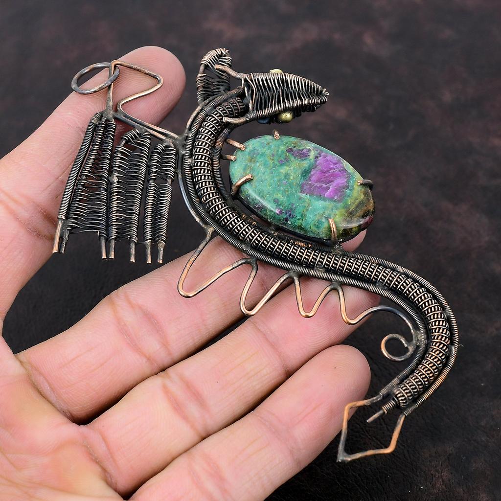 Подвеска из рубина и фуксита, обернутая медной проволокой, драгоценный камень, подвеска ручной работы, антикварные подвески в виде дракона, подвеска в виде медной проволоки, подарок на помолвку