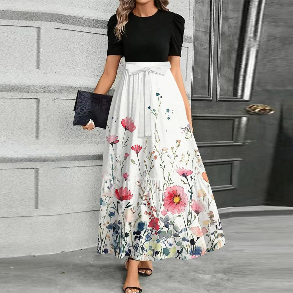 Женское модное повседневное платье с поясом, коротким рукавом, круглым вырезом и принтом, элегантное и темпераментное