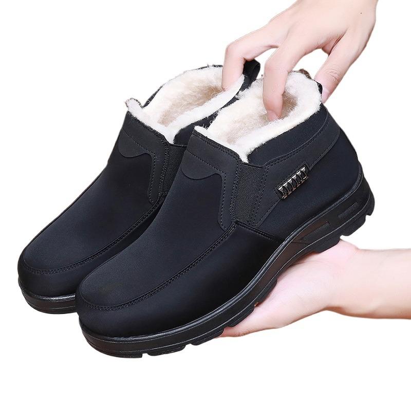 Men's Genuine Sheepskin Winter Boots Beijing Style, Slip-Resistant Wide Width Available, Plush Lined Warm Slippers for Elderly Men