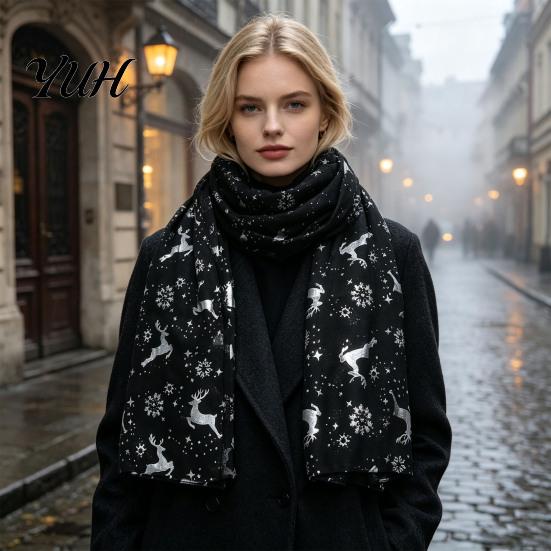 Elegant Hot Stamping Scarf Christmas Theme for Women, Glitter Sparkly Foil Reindeer Decorative Holiday Winter Wrap Print Scarves, Lightweight