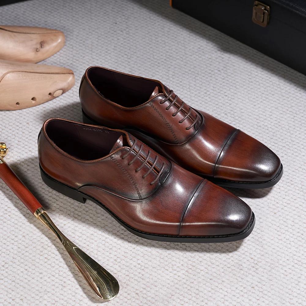 Men's Classic Lace-Up Oxfords Genuine Leather Luxury Office Shoes Solid Cap Toe Wedding Party Formal Dress Footwear for Men