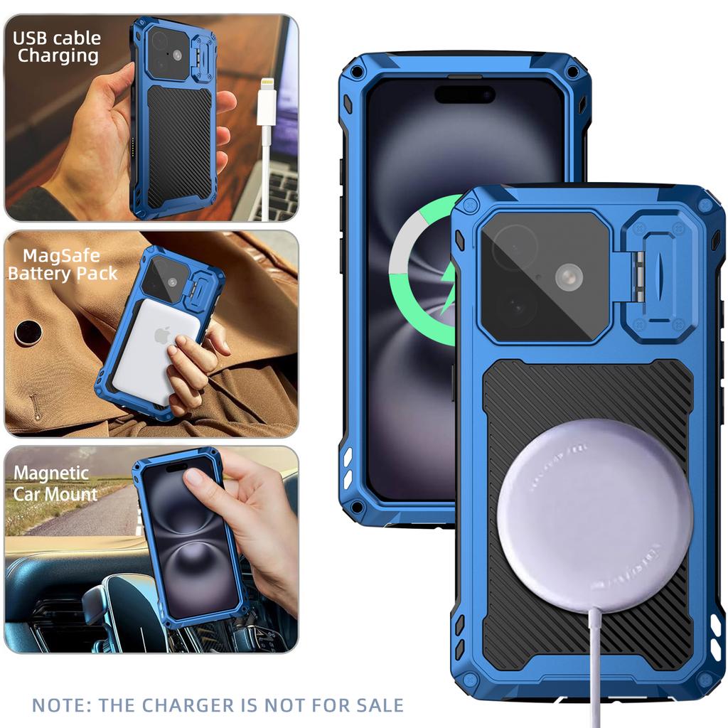 For iPhone 16 Plus Case Aluminum Alloy+Silicone Lens Kickstand Phone Cover with Tempered Glass Film