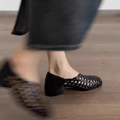 IPPEUM Женские сандалии сетка высокие каблуки 2025 новые туфли-балетки на блочном каблуке лодочки