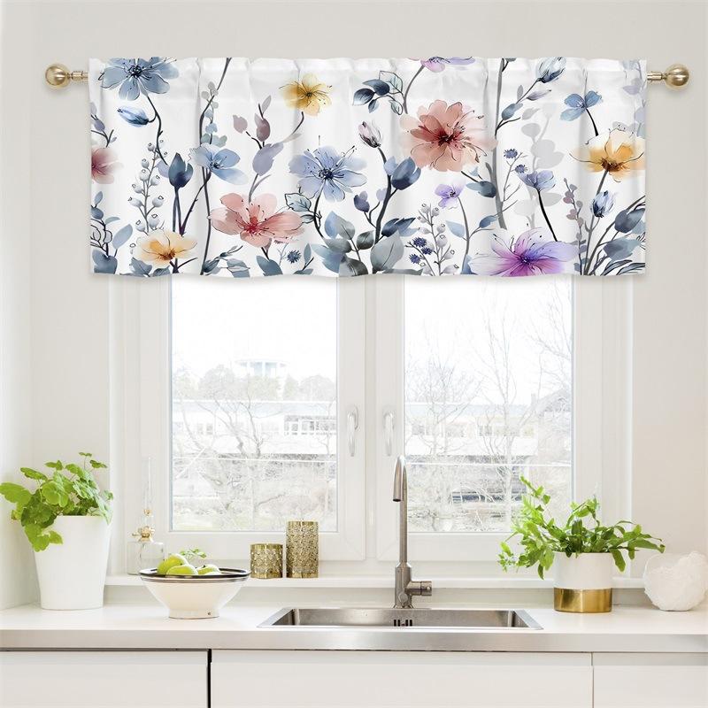 Curtain Valance, Wildflowers Spring Watercolor Flower Floral Print Plants Short Rod Pocket Window Treatment for Living Room, Bedroom, Kitchen,Bathroom