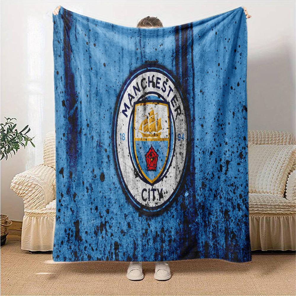Football Manchester Crest Flannel Blanket, Soft Polyester, Modern Design, All-Season for Camping, Travel, Gifts for holidays or birthdays