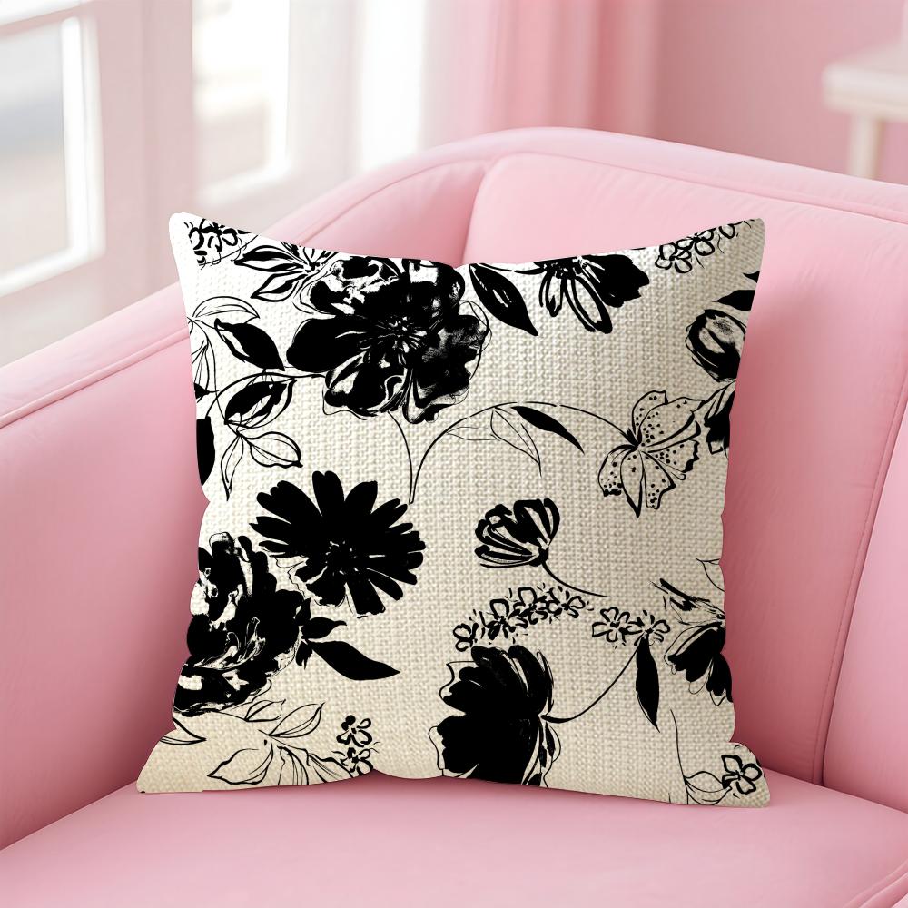 Black Ink Flower Cushion Cover Natural Linen Pillow Case DoubleSided Print Decorative Sofa Pillowcase Home Decor Gift
