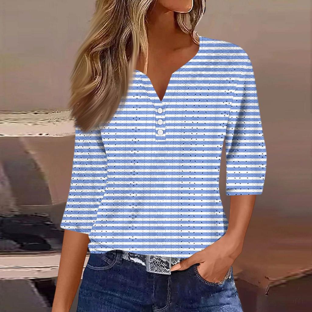 Женская модная футболка с V-образным вырезом, пуговицами, рукавами семь, повседневная полосатая клетчатая футболка с принтом