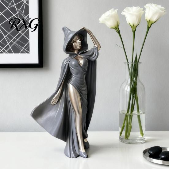 Contemporary Art Figurine Mysterious Black Cloak Witch Queen Resin Statue, Gothic Elegant Female Exquisite Craft Figurine, Dark Sculpture for Entryway