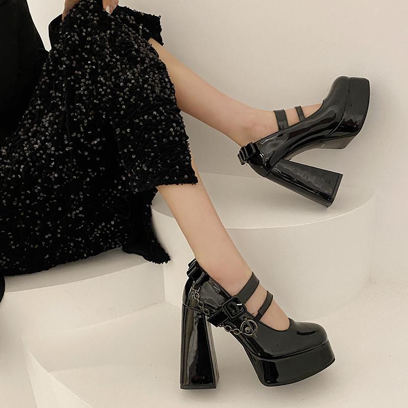 Модная женская обувь на толстом каблуке Зима Новая Круглый носок Неглубокий вырез Металлическая цепочка Толстая подошва Нескользящие Износостойкие Высокие каблуки