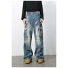 Graffiti Multi-pocket Blue Wide-leg Jeans Men's High Street Loose Straight Work Pants Straight Loose Jeans for Men Fashionable and Comfortable Pants