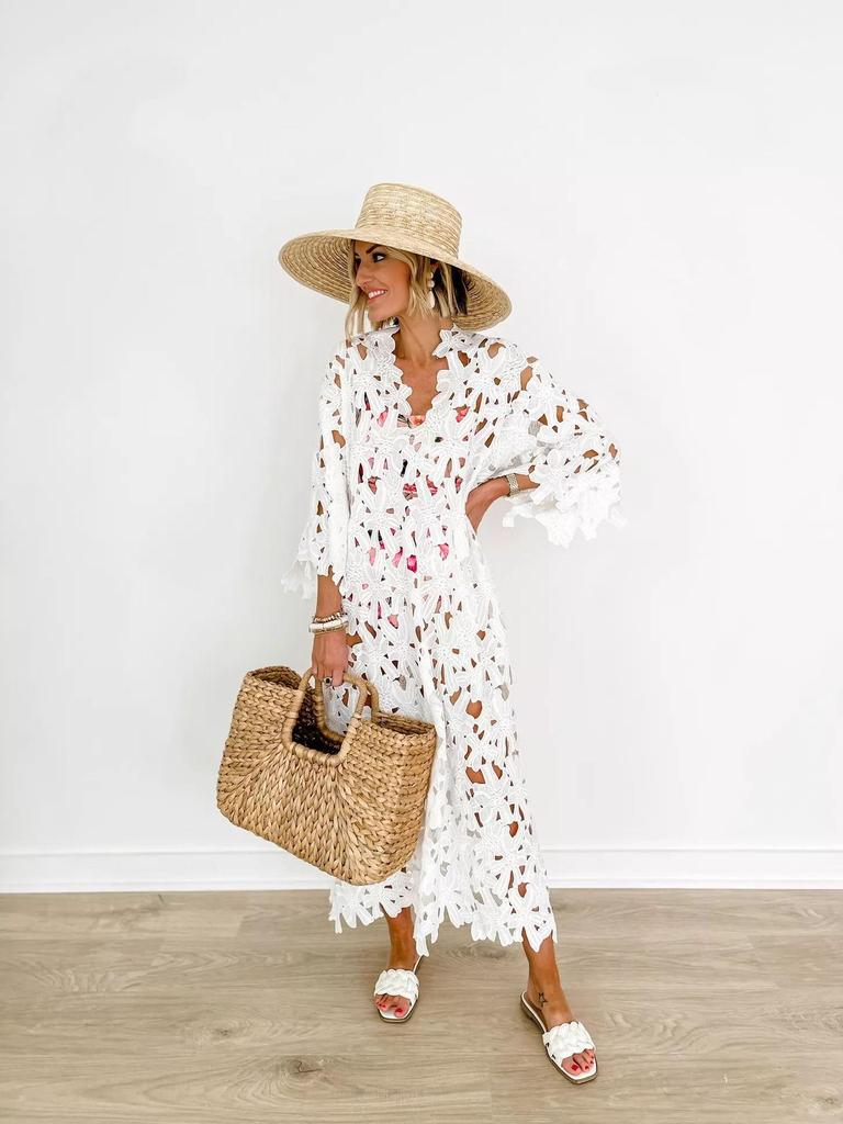 2023 New European & American Casual Loose Beach Vacation Lace Cover-Up Shirt