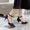 Red Satin Wedding Shoes Spring New Pointy-headed Rhinobason One-word Buckle Hollow Women's Single Shoes Stiletto Heels
