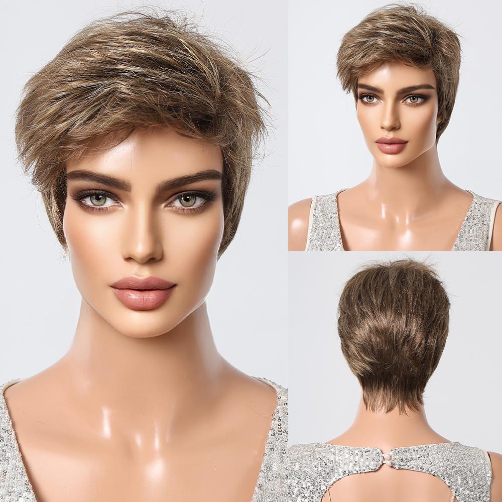 ALAN EATON Черно-коричневые синтетические парики с мелированием Короткие прямые парики для женщин Натуральные волосы Термостойкие парики с челкой