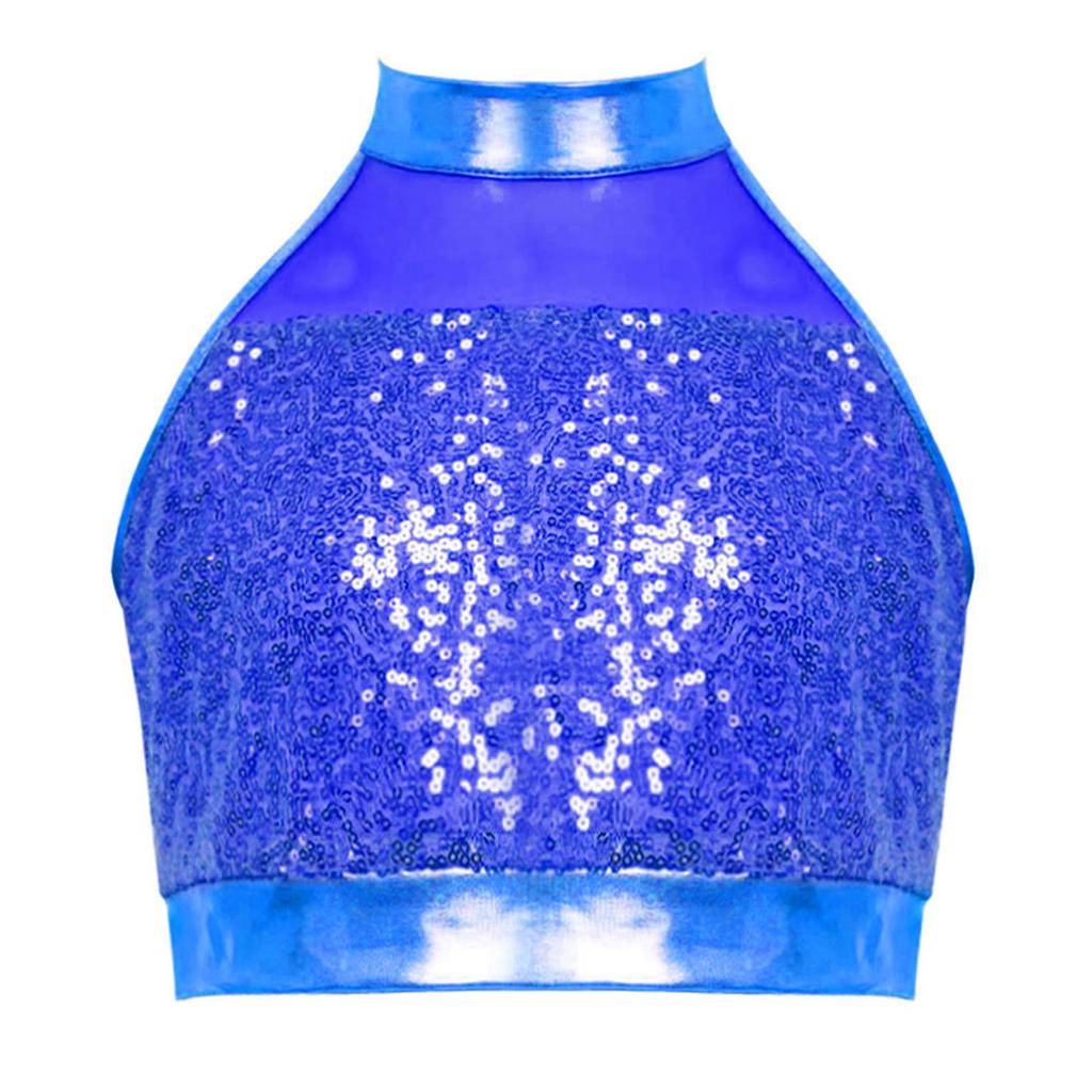 Girls Sleeveless Mock Neck Dance Crop Top Glitter Sequin Patchwork Keyhole Back Design Performance Top