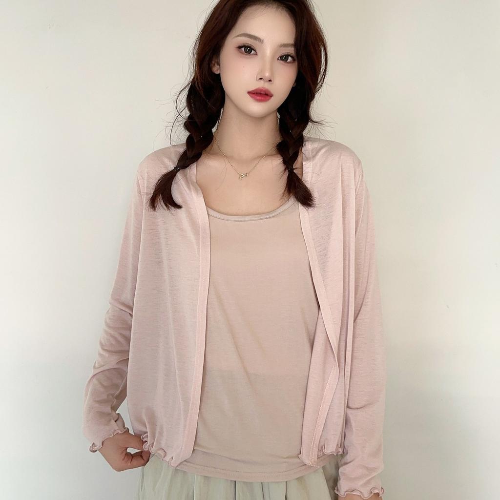 Летний женский короткий кардиган с оборками, накидка с длинным рукавом, защита от солнца, свободный крой, легкая накидка для кондиционера