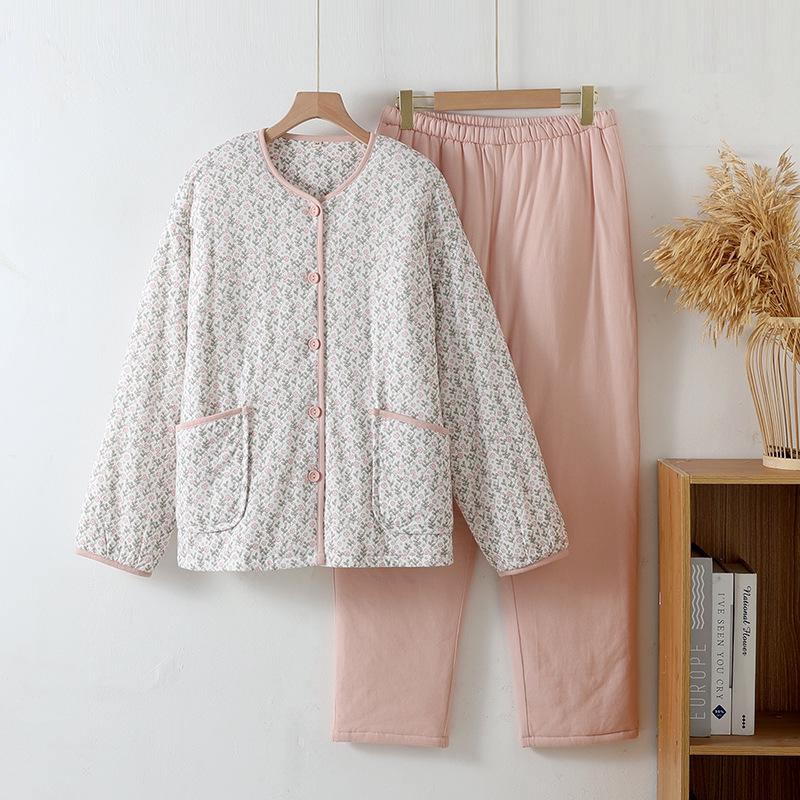 Женская зимняя куртка с цветочным принтом и хлопковой подкладкой и комплект пижамы - Теплая и толстая для дома или улицы
