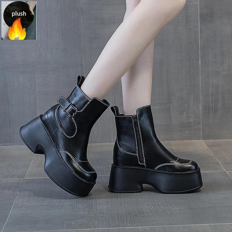 Модные женские ботильоны на толстом каблуке 11 см, осень и зима, увеличивающие рост, на толстой подошве, новые кожаные ботильоны 2024 года для женщин невысокого роста