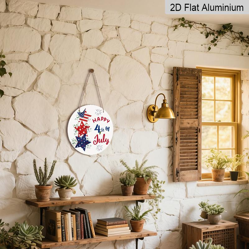 2D Flat, 1Pc Round Aluminum Hanging Sign, Patriotic 4Th of July, Featuring Red, White, And Blue Decorations, Including Pentagrams And Fireworks