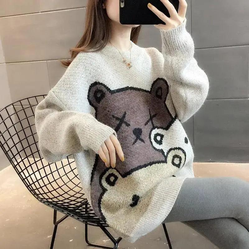 Свитер оверсайз, женский осенне-зимний свободный пуловер с медведем, вязаный свитер, повседневные и удобные универсальные топы