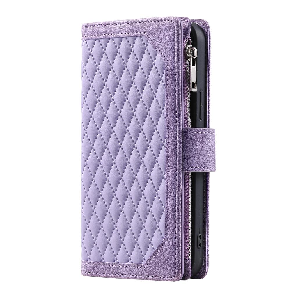 For Samsung Galaxy S25 FE Wallet Case Rhombus Stitching Line PU Leather Phone Cover with Wrist Strap