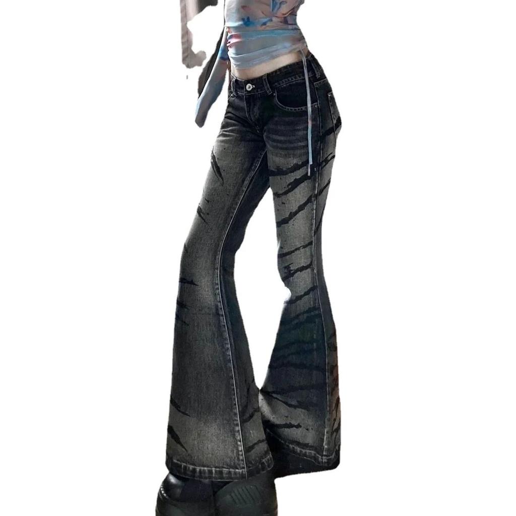 Джинсы-клеш в полоску с граффити и принтом зебры. Джинсовые брюки. Легкие брюки-клеш. Брюки Y2k в стиле Харадзюку. Панк. Готический гранж. Эстетика.