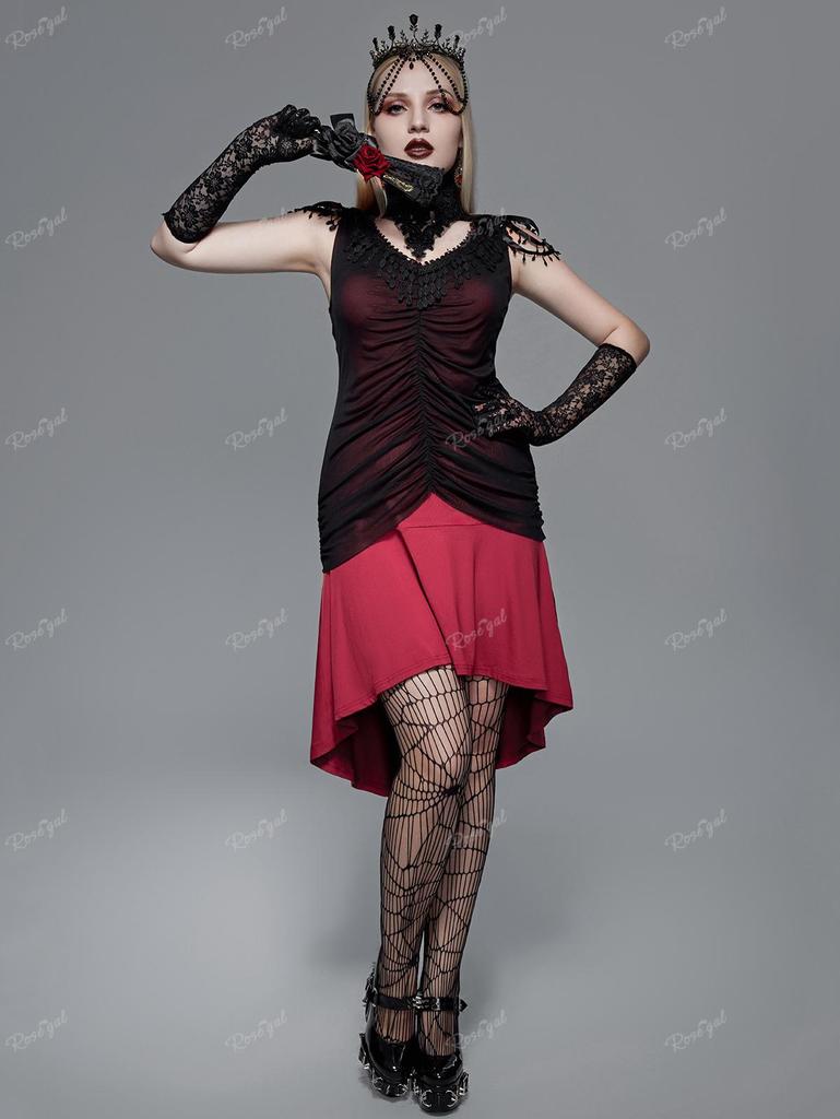 Rosegal Готическое гипюровое кружевное платье с кисточками и рюшами в сетку с высоким и низким вырезом Русалка