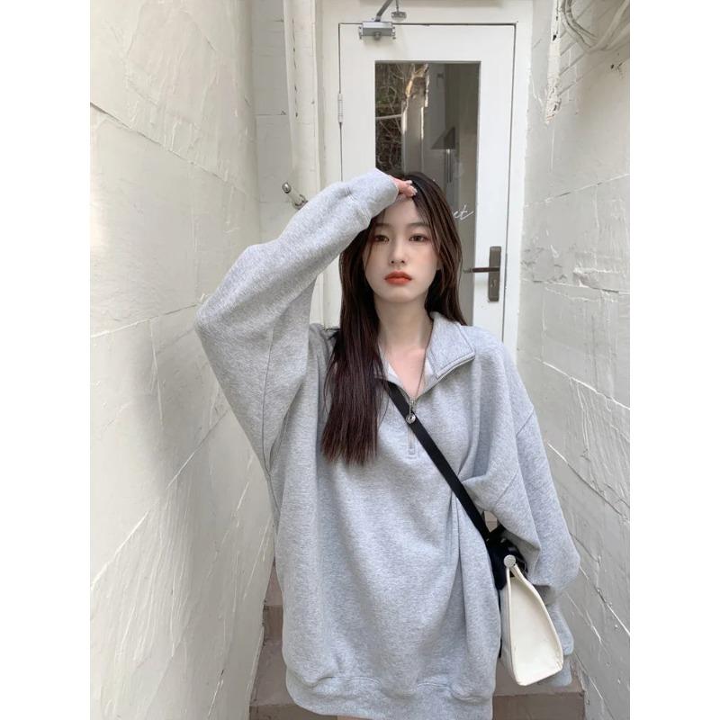 Повседневные свободные толстовки женские корейские модные Kpop Polo Collar серые однотонные пуловеры 2024 осень уличная одежда