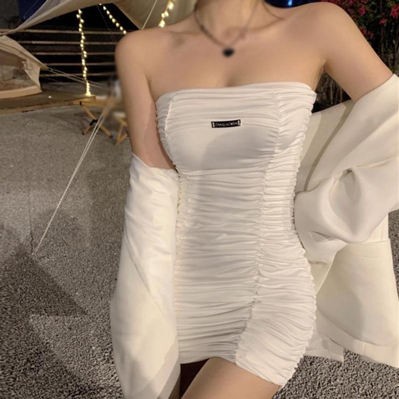 Pleated Sleeveless Mini Dress Solid Colour Sleeves Package Hip Pleated Women Dress