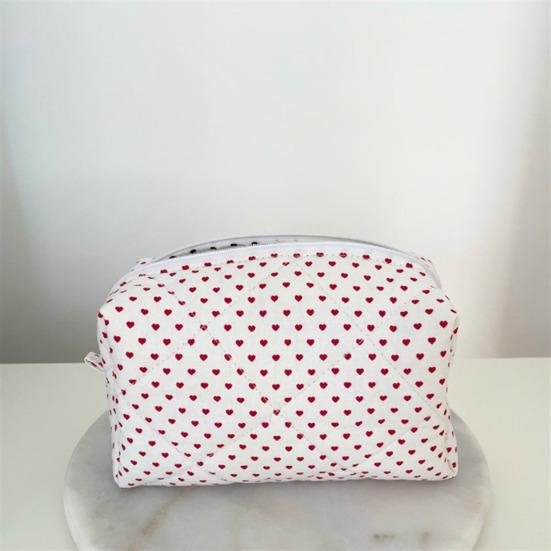 Косметичка Большой емкости Застежка-молния С сердечным принтом Хлопковая стеганая портативная легкая губная помада Коричневый карандаш Кисть для макияжа Дорожная косметичка