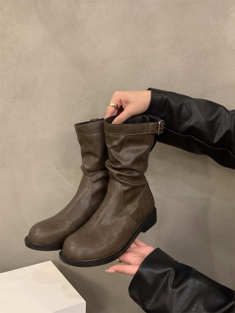 Ретро полусапожки на толстом каблуке, рыцарские сапоги, женская обувь 2024, новые осенне-зимние присборенные короткие сапоги, ботинки Мартин