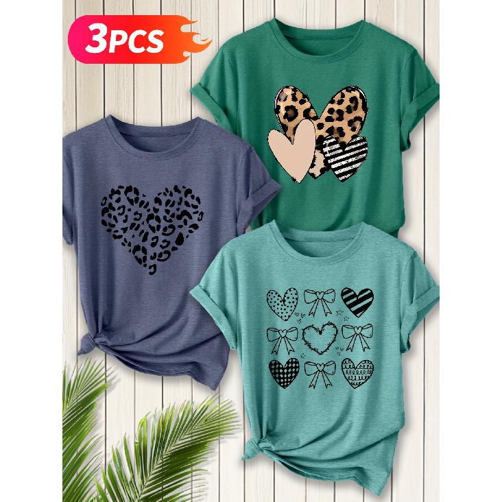 Three-piece set Elegant short-sleeved dress for women Leopard print heart shape+Multi-element heart overlay+Heart-shaped bow combination printed