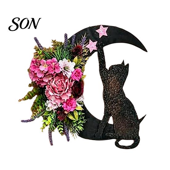 Autumn Seasonal Door Decorations Halloween Black Cat Moon Wreath, Gothic Crescent Grapevine Wreath with Party Wall Ornaments Rose Flowers, Spooky